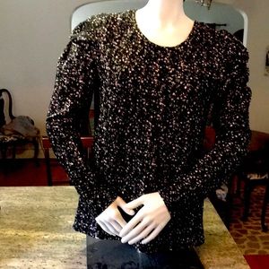 Loft LS Size L slight puff shoulders black with white and green tiny flowers